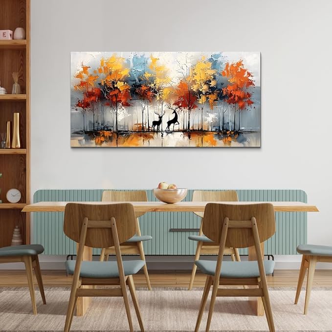 Lapremoly Large Wall Art For Living Room Framed Wall Decor For Bedroom Modern Office Decorations Textured Abstract Wall Pictures Elk Forest Landscape Paintings Canvas Art Prints Home Decor Artwork