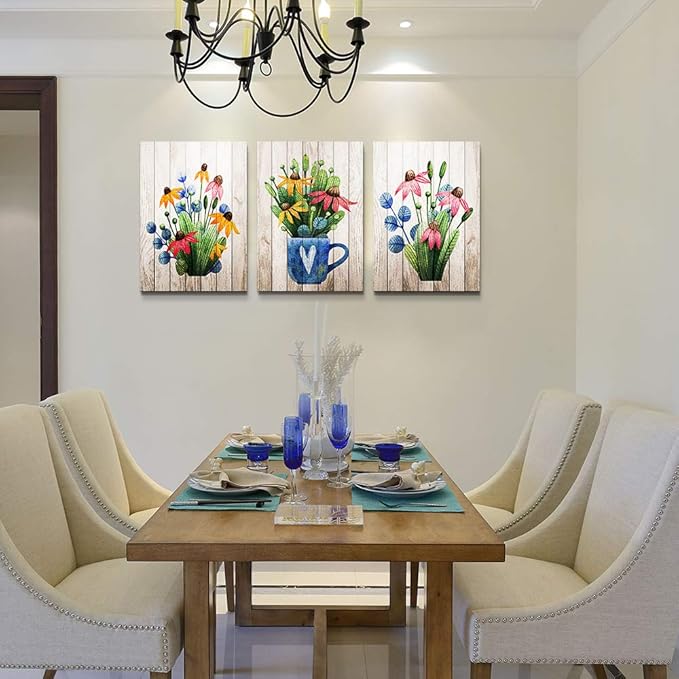 Lapremoly 3 Piece Large Framed Canvas print Artwork Wall Art for Kitchen Wall Decor for Living Room Bedroom Decorations Room Wall Decor Modern Office Home Decor Vintage Wood Grain Flowers Paintings