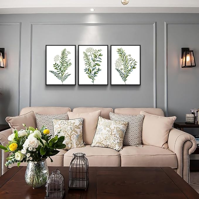 AHUASJART Large Wall Art For Living Room Bathroom Wall Decorations Kitchen Wall Decor Canvas Print Decor Modern Simple Bedroom Home Decor Green Leaves Poster Wall Paintings Black Framed 3 Pieces
