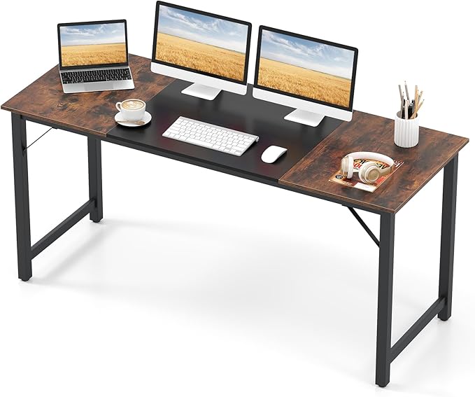 Giantex 63 Inch Computer Desk, Modern Simple Office Desk with Triangle Structure Metal Frame, Computer Workstations for Home Office, Study, Conference Room, Rustic Brown and Black