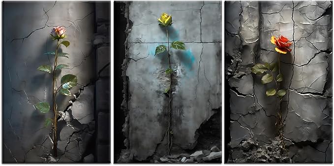 Vintage Floral Canvas Poster Wall Art 3 Roses in The Cracked Retro Botanical Picture Painting Wall Decor Artwork Use for Modern Home Bedroom Living Room Stretched and Framed [48''W X 24''H]