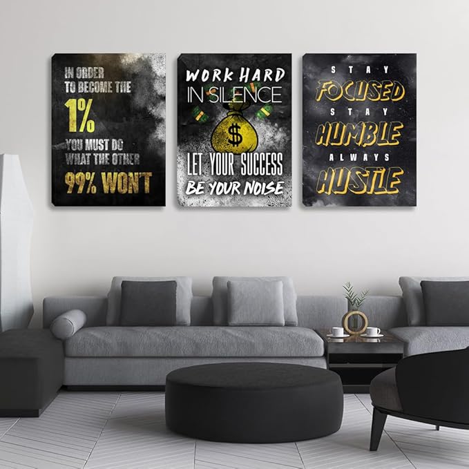 3 Piece Black Wall Art Modern Motivational Quotes Wall Art Canvas Art Inspiring Entrepreneur Hustle Poster Prints Wall Decor Office Wall Decorations Framed Posters for Office(48”Wx24”H)