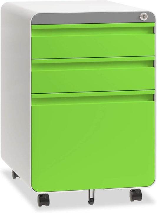 Dripex 3 Drawer File Cabinet, Metal Filing Cabinets with Lock Wheels & Hanging Rail for A4/Legal/Letter File, Anti-tilt Under Desk Design, Lockable Rolling Mobile File Cabinet for Home Office (Green)