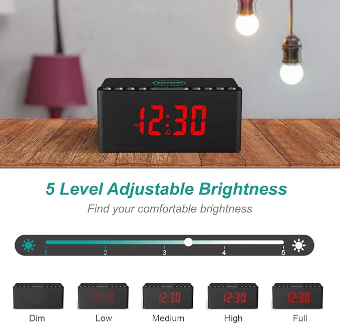 ANJANK Wooden Digital Alarm Clock FM Radio,Qi Certified Fast Wireless Charger Station for iPhone/Samsung,Dimmable LED Display,USB Charging Port,Sleep Timer,Wood Modern Clock for Bedroom Bedside(Black)