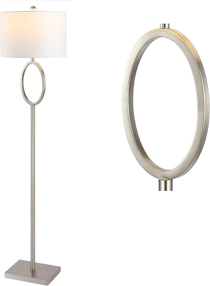 JONATHAN Y 61" Nickel Metal LED Floor Lamp for Living Room Modern Hoop Design Standing Lamp, White Linen Drum Shade, Bedroom Home Office, LED Bulb Included (JYL1089C)