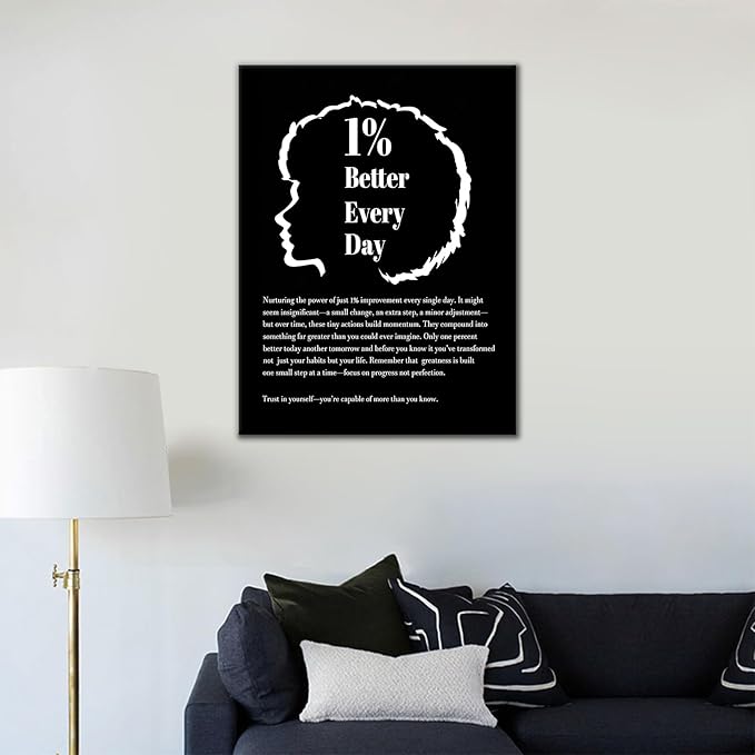 Motivational Canvas Wall Art Inspirational Slogan 1% Better Every Day Office Poster Wall Decor Success Quotes for Modern Home Gym Son Room Classroom Bedroom Stretched and Framed [18''W X 24''H]