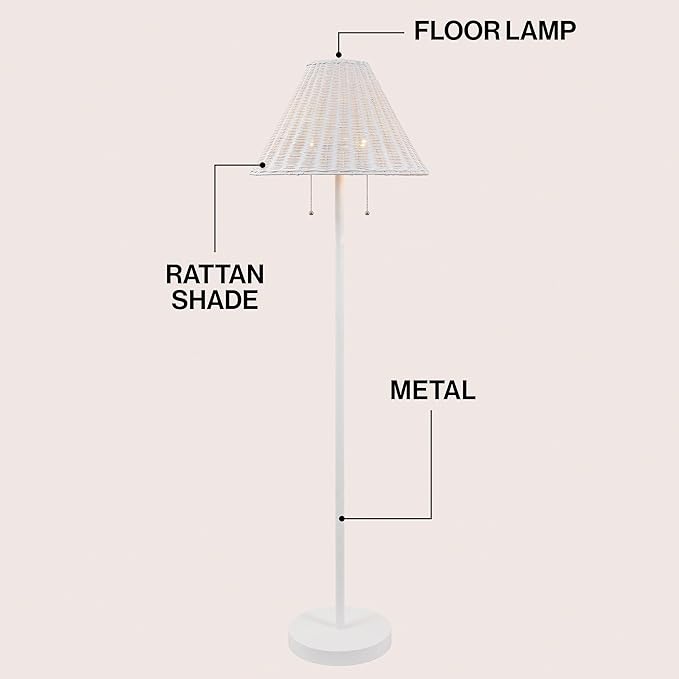 JONATHAN Y 61" White 2-Light Coastal Bohemian LED Floor Lamp for Living Room, Brown Rattan Shade, Mid-Century Modern Tall Standing Lamp, Pull-Chain, LED Bulbs Included (JYL3092B)