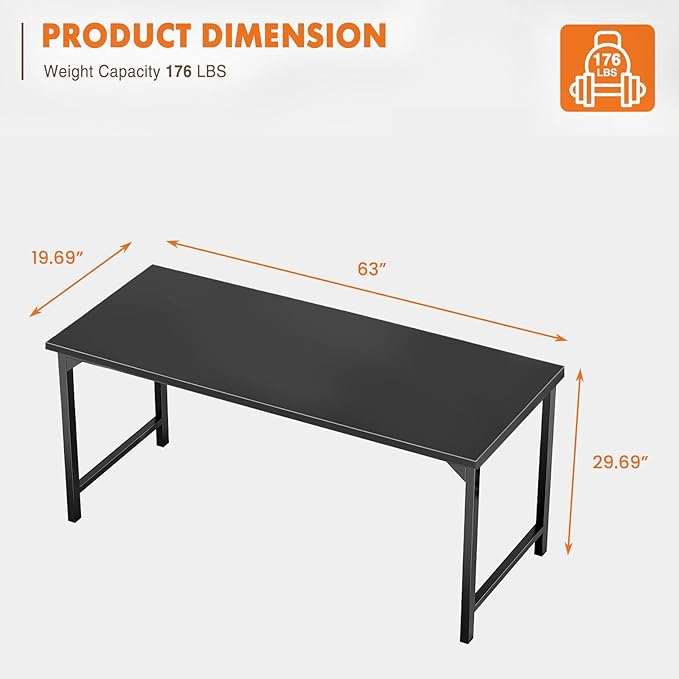 Sweetcrispy Small Computer Desk,63 Inch Office Writing Work Desk with Metal Frame Wooden Tabletop, Student Study Home Bedroom Table with X-Shaped Reinforcement, Black