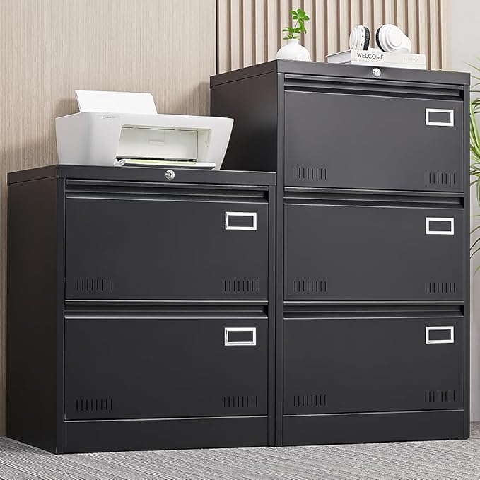 Office lateral File cabinets Filing Cabinet Cabinet with Lock, Locking Metal File Cabinets with 2 Drawers Office Cabinet for Legal Home Office Steel Lateral File Drawers (Black)