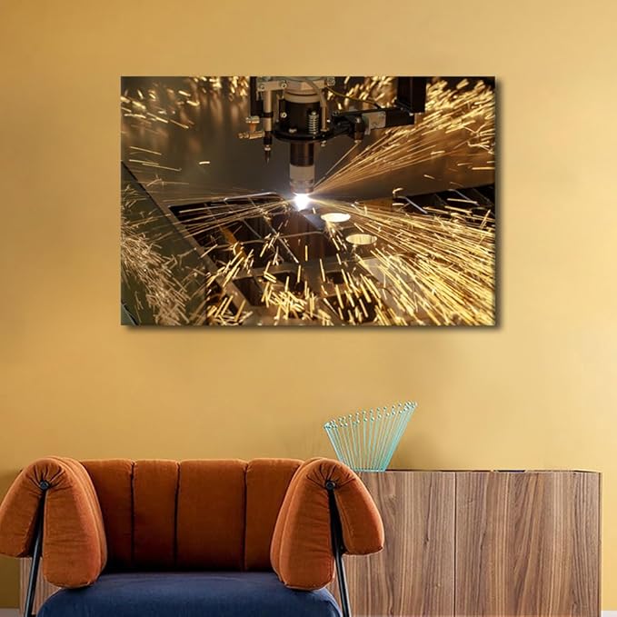 TUMOVO Wall Art for Living Room Metalwork Industry Machine Art Paintings for Wall Decorations Plasma Cutting Canvas Prints Wall Artwork 1 Piece Wall Art Stretched and Framed Ready to Hang, 24" x36"