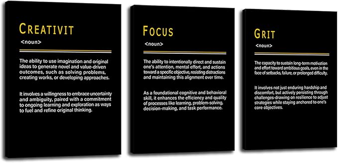 Inspirational Wall Art CREATIVITY FOCUS GRIT Noun Psychological Traits that Drive Success 3 Pieces Positive Quotes Poster Motivational Wall Decor for Office Home Bedroom Workplace [36''Wx 16''H]
