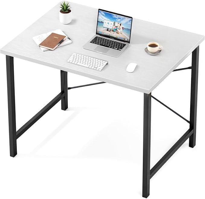 Sweetcrispy Small Computer Desk,32 Inch Office Writing Work Desk with Metal Frame Wooden Tabletop, Student Study Home Bedroom Table with X-Shaped Reinforcement, Black Leg White Top