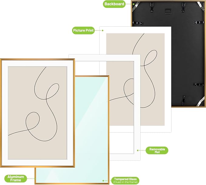 Golden State Art, Gallery Wall Frame Set of 6 - Bronze 13x19 Aluminum Photo Frames with Mat for 11x17 Pictures - 13 x 19 inch Metal Frame with Real Glass Cover - Elegant Home or Office Decor