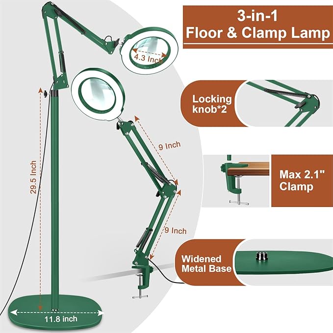 LANCOSC 10X Magnifying Glass with Light and Stand, 3-in-1 Adjustable Swing Floor Lamp, 5 Color Modes Stepless Dimmable, LED Lighted Hands Free Magnifier & Clamp for Reading, Crafts, Painting - Green