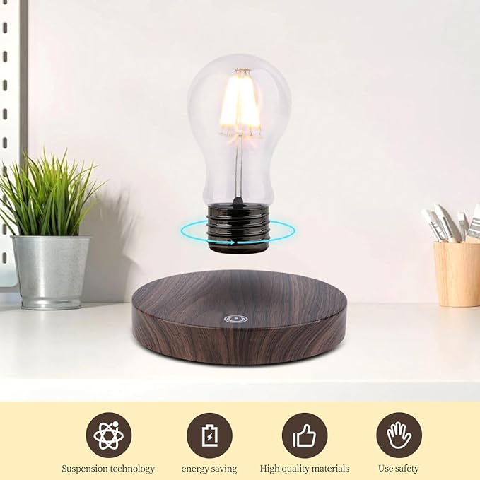 VGAzer Magnetic Levitating Floating Wireless LED Light Bulb Desk Lamp for Unique Gifts, Room Decor, Night Light, Home Office Desk Decor (Round Wooden Base A)