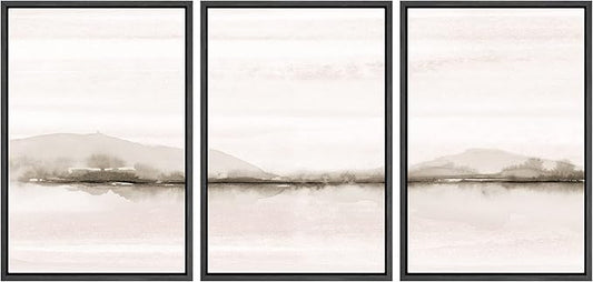 SIGNWIN Framed Canvas Print Wall Art Set Pastel Sunset Mountain Forest Lake Nature Wilderness Illustrations Modern Art Rustic Scenic Relax/Calm for Living Room, Bedroom, Office - 24"x36"x3 Black