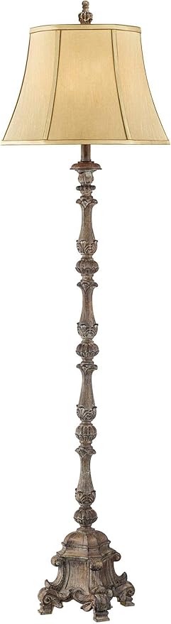 Regency Hill Rustic French Country Traditional Style Floor Lamp Standing 62" Tall Faux Wood Antique Candlestick Beige Silk Fabric Bell Shade Cottage Core Decor for Living Room Reading House Bedroom