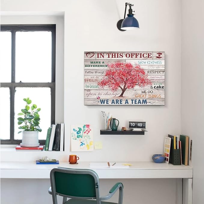 Vintage Office Decor Inspirational Posters Wall Decor Rustic In This Office Inspiring Wall Art Pink Tree Picture Print on Canvas for Home Office Decoration Framed Positive Quotes Gifts 24x20inch