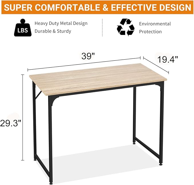 BLKMTY 39" Computer Desk, Home Office Writing Desk Wood PC Study Table Work Desks Modern Simple Style Laptop Table with Metal Frame and Smooth Tabletop for Workstation Bedroom, Nature