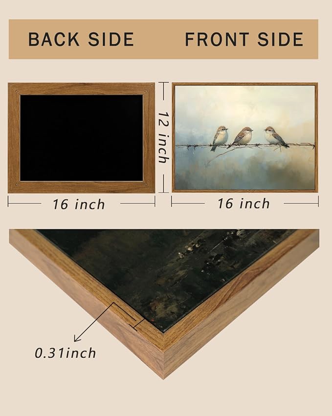 ARPEOTCY Vintage Framed Canvas Wall Art, 12x16 Inch Cute Sparrow Painting Artwork, Antique Framed Wall Art for Living Room Bedroom Gallery, Retro Bird Bathroom Decor Aesthetic