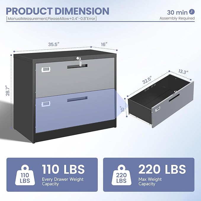 2 Drawer Locking Lateral File Cabinet, Wide&Deep Metal Filing Cabinet for Letter/Legal/A4/F4 Files, Includes Card Holder and Hanging Folders for Home Office, School, Business
