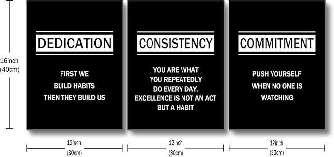 Dedication Consistency Commitment Motivational Canvas Wall Art Office Decor 3 Pieces Inspirational Quotes Posters Print Artwork for Bedroom Home Bathroom Wall Picture Ready to Hang [36''W x 16''H]