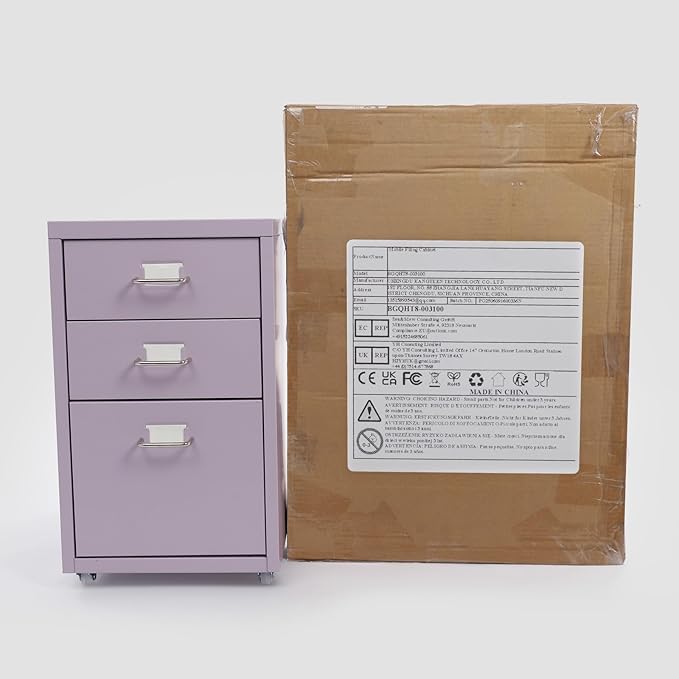 Filing Cabinet with 3 Drawers, Mobile Filing Cabinet with Practical Label Slot, 16 * 11 * 18.9 in Metal Storage Cabinet with Wheels for Home and Office (Purple)