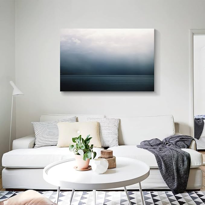 Large Canvas Wall Art Modern Abstract Art Paintings Green Mountains Blue Sea Under the Grey Sky Scenery Framed Artwork Pictures for Living Room Bedroom Hallway Wall Decor 48x32in