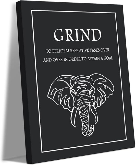 Grind Canvas Wall Art - Inspirational Quote Print with Elephant Illustration, Repetitive Efforts for Success Poster Black and White Motivational Wall Decor for Office Gym Home, Framed 18"x24"