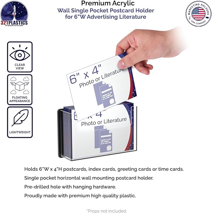 Marketing Holders Postcard Holder Holds 6" x 4" Materials Black Back Clear Single Pocket Index Greeting Cards Display Rack Includes Hanging Hardware Acrylic Owners Beach Boutiques Hotels