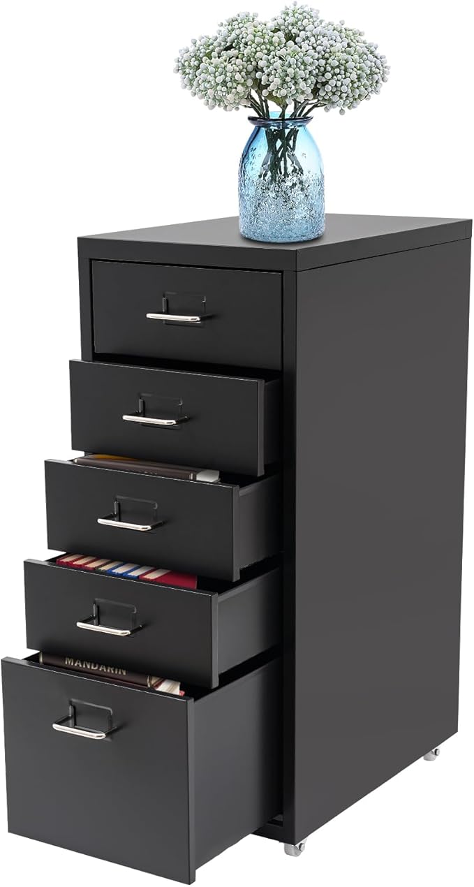Mobile 5 Drawer Locking Pedestal File Cabinet, Deep Light Duty Metal Letter Filing Cabinet Metal File Storage Cabinet 4 Small Drawers 1 Large Drawer 11.02lbs Each Tier Load Capacity