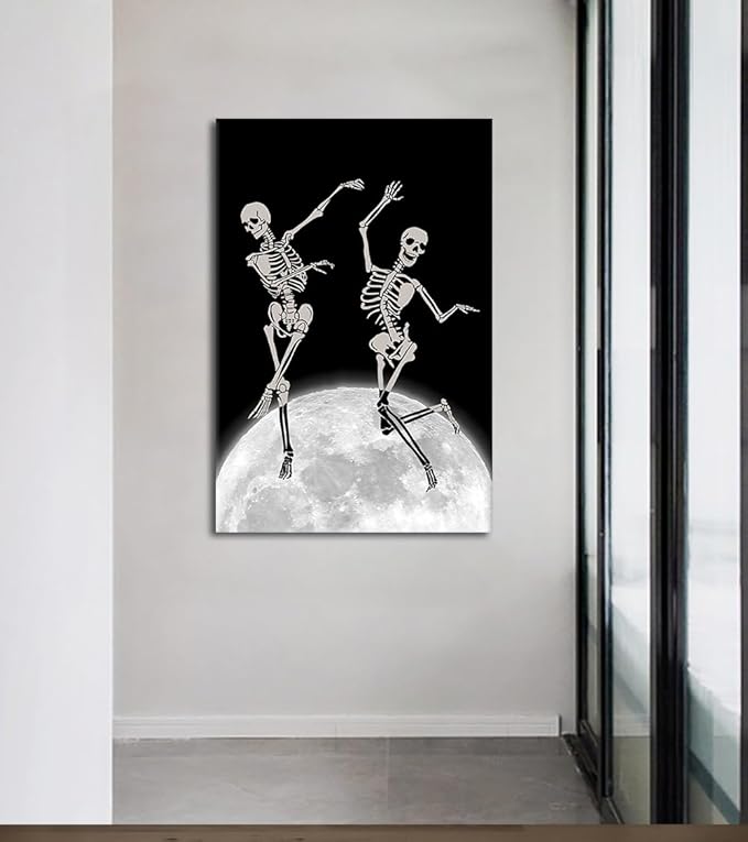 Wall Art for Living Room - Framed Dancing Skeletons on Moon Painting Unique Gothic Poster Aesthetic Artwork Fun Dark Humor Canvas Print Spooky Bedroom Office Home Decoration, Large 28"x44"