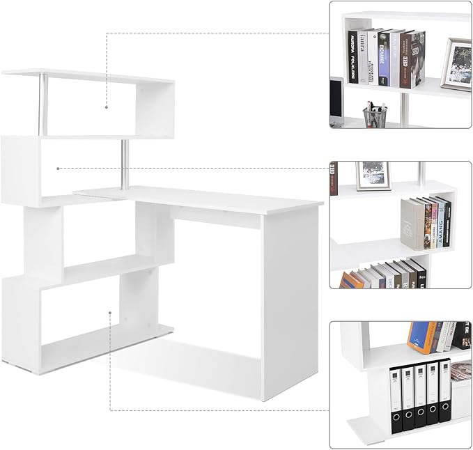 41.7" L Shaped Desk with 4-Tier Storage Shelves, Computer Corner Desk for Study Home Office Living Room (White)