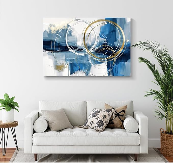 gaosoul Minimalist Abstract Canvas Wall Art Blue and Gold Doodles on White Background Painting Prints Stylish Framed Artwork for Living Room Bedroom Office Decor 48x32in