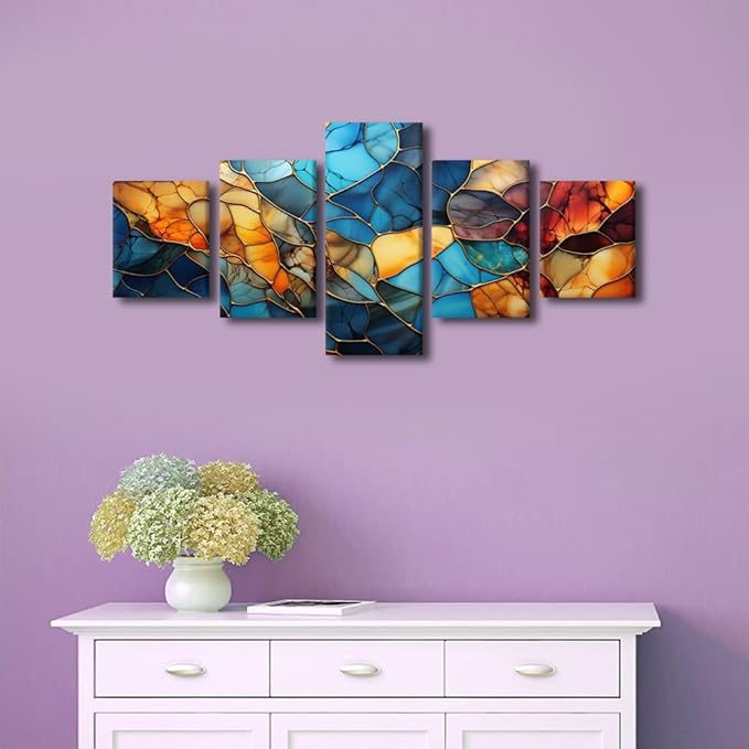 Canvas Wall Art Decor Modern Living Room Wall Art Abstract Autumn and Winter Painting Art 5 Panel Colorful Glass Poster for Men Lady Living Room Home Wall Decor Stretched Ready to Hang 50x24 in