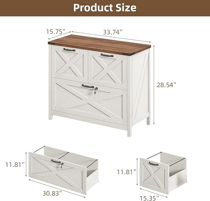 Lateral File Cabinet with 3 Drawers, Farmhouse File Cabinet with Lock for Letter/Legal/A4 Size Hanging Files, Wood File Storage Cabinets Printer Stand for Home Office Cabinets, Rustic White and Brown