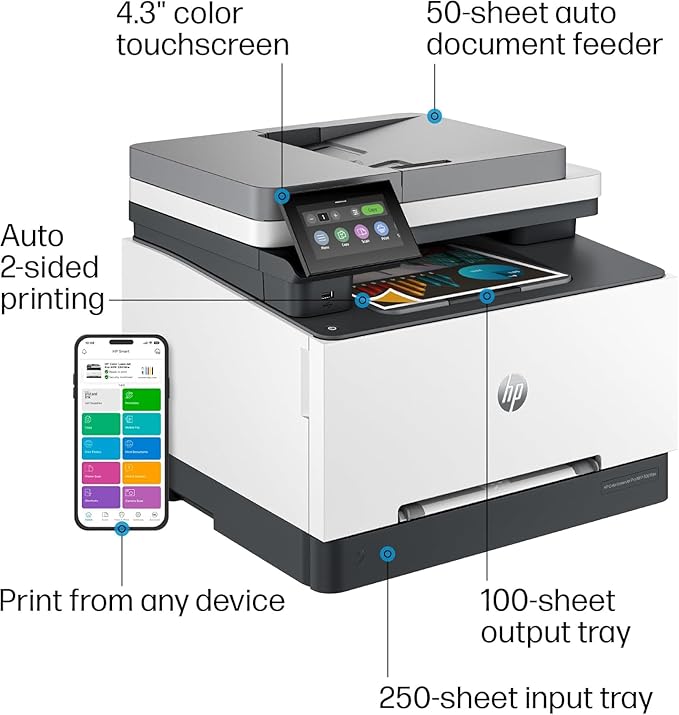 HP Color Laserjet Pro MFP 3301cdw Wireless All-in-One Color Laser Printer, Office Printer, Scanner, Copier, Fax, ADF, Duplex, Best-for-Office (74T92FR) (Renewed)