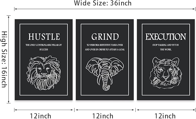 3 Piece Motivational Canvas Wall Art, Hustle Grind Execution Inspirational Wall Decor with Lion Elephant Tiger Line Art, Success Prints Poster for Office & Living Room Home, Framed 12"x16"x3