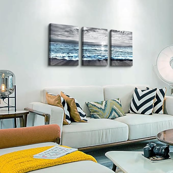 Framed Canvas Wall Art - 3 Piece Set: Black & White Blue Ocean Sea Wave Pictures - Modern Beach Posters for Living Room, Bedroom & Office Wall Decor