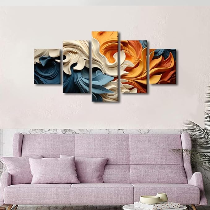 Living Room Wall Art Decor Abstract Canvas Wall Art Blue Orange Yellow Brown Waves Abstract Art Painting Artwork 5 Panel Canvas Wall Art for Men Lady Office Wall Decor Framed Ready to Hang 60x32 in