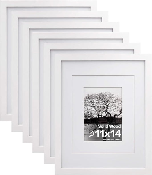 Egofine 11x14 Picture Frames Made of Solid Wood 6 PCS White Covered by Plexiglass - for Table Top and Wall Mounting for Pictures 8x10 or 5x7 with Mat Horizontally or Vertically Display Photo Frame