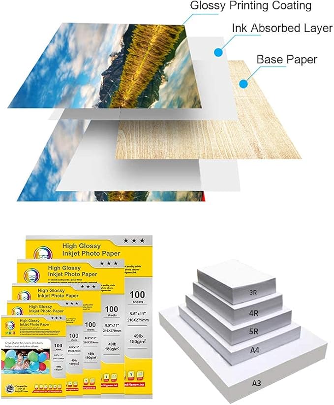 MR.R Single Side High Glossy Inkjet Photo Paper,180gsm 49lb,8.5''x11" with 100 sheets per pack