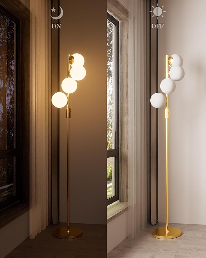 Lightdot 64IN Dimmable Globe Floor Lamp, Modern Gold Standing Lamps with 4PCS 3000K Bulbs Included Soft Warm White Eye Care, Mid Century Floor Lamp for Living Room/Bedroom/Sofa Beside/Corner Decor