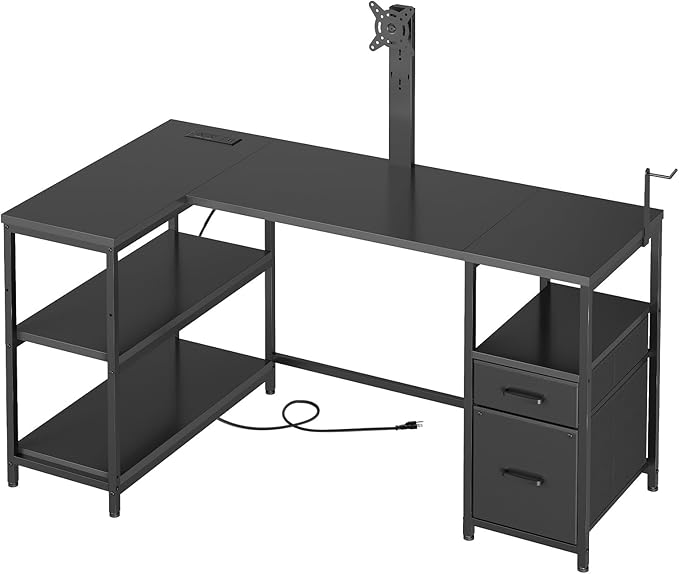 L Shaped Computer Desk with Adjustable Monitor Stand, Gaming Desk with Power Outlets, Office Desk with Fabric Drawer, File Drawer and Hook, for Living Room, Home Office, Black DN03UBB