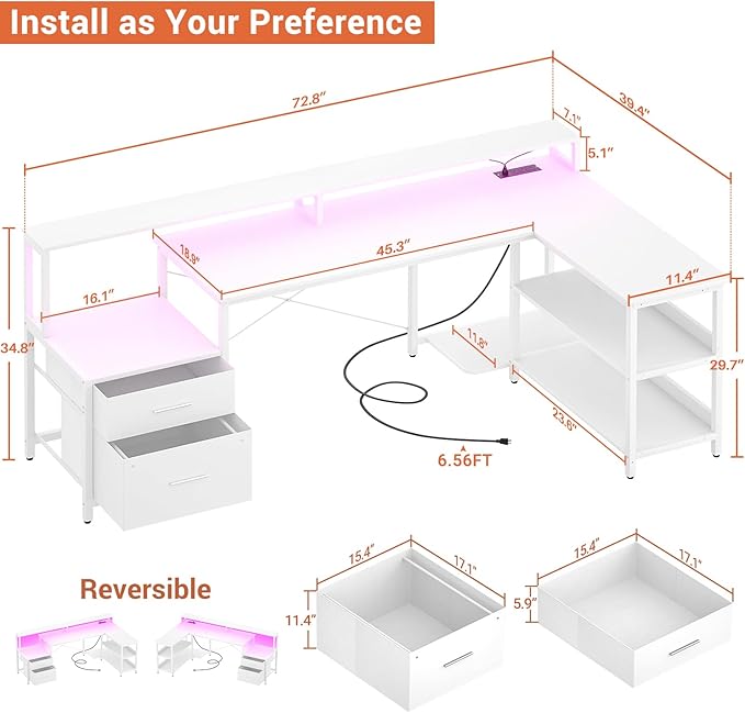 Aheaplus L Shaped Desk with File Drawer, 72.8" Reversible L Shaped Computer Desk with Power Outlet & LED Strip, Gaming Desk with Long Monitor Stand, Office Desk Corner Desk with Storage Shelf, White