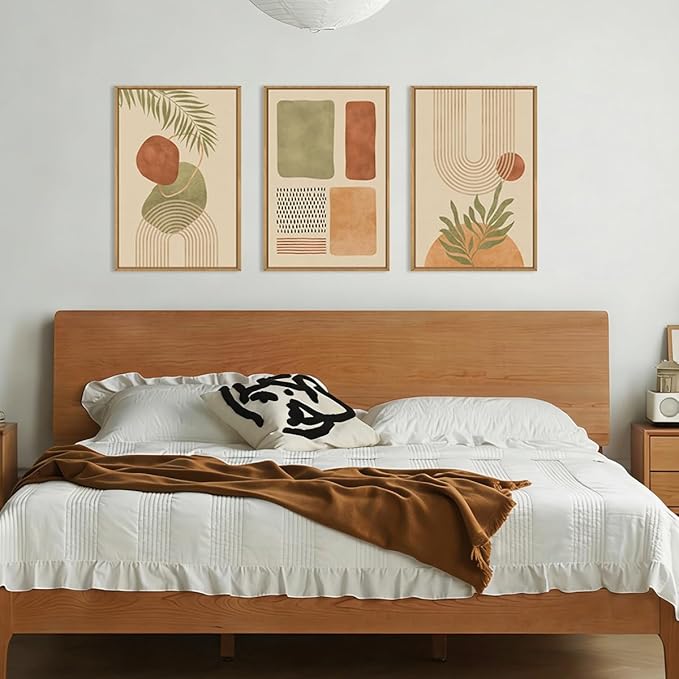 Large Boho Sage Green Framed Canvas Wall Art,Abstract Geometric Beige Wall Decor,Mid Century Modern Art Prints,Neutral Botanical Leaf Artwork for Living Room,Bedroom,Office -16"x24"x3