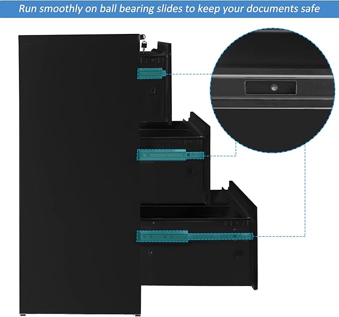 Lateral File Cabinet, 3 Drawers Metal Lockable Filing Cabinet for Commercial Grade Office Legal and Letter File (Black)