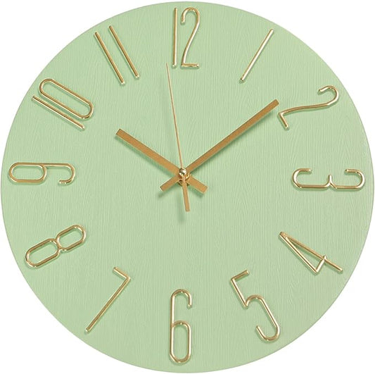 Wall Clock 12 Inch Silent Non-Ticking Imitation Wood Indoor Clock Round Green Decor Clock Modern 3D Figures Quartz Wall Clocks for Home, Hotel, Office, School