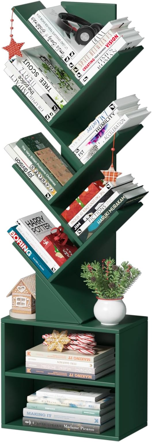 10 Tier Tree Bookshelf,Christmas Green Bookcase for Narrow Space, Storage Organizer Floor Standing Bookshelves for Books, Tall Book Case for Home Office, Living Room, Bedroom
