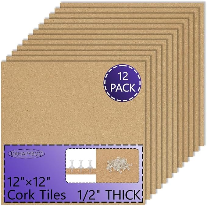 Cork Board Bulletin Board 12x12,1/2" Thick Cork Board Tiles 12 Pack, Self-Adhesive Small Square Pin Board for Walls, Corkboards for Office Home School Message/Vision Board Decoration.